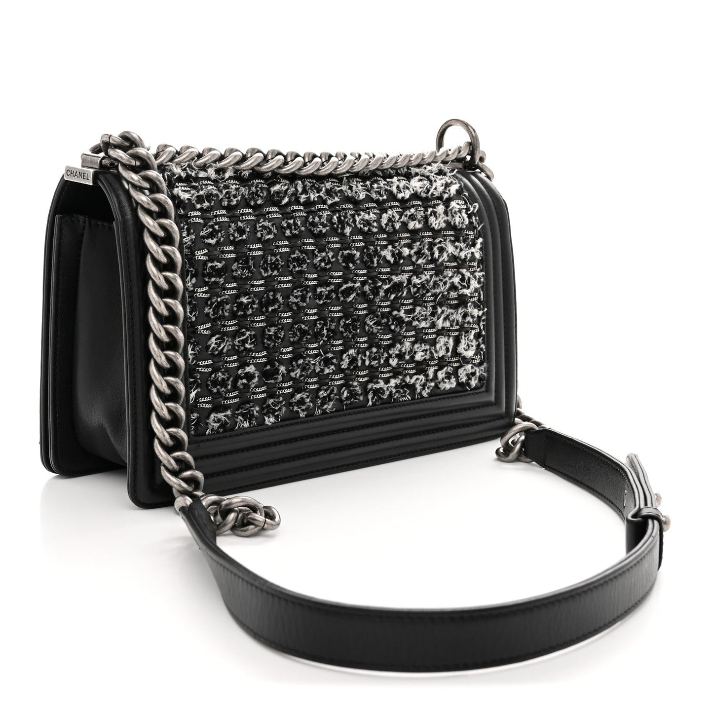 Tweed Calfskin Medium Boy Flap Black White