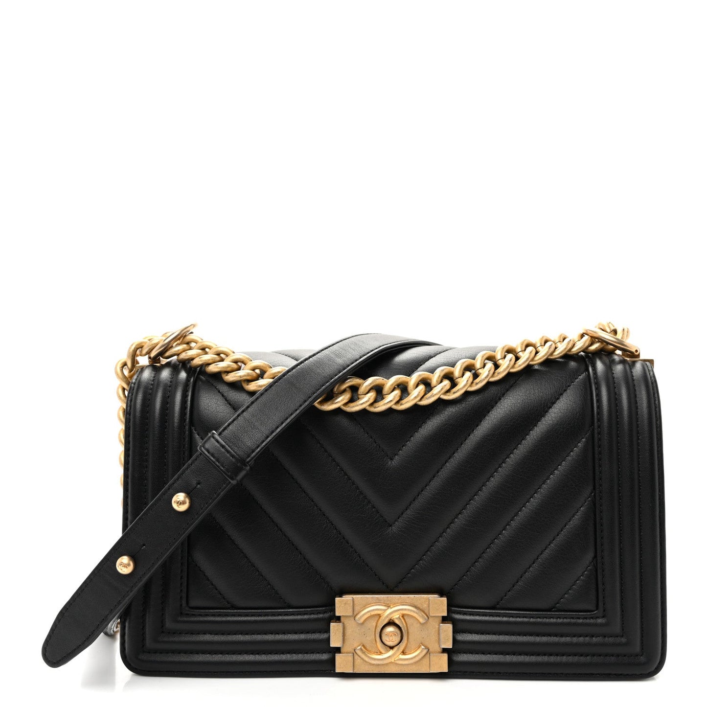 Calfskin Chevron Quilted Medium Boy Flap Black