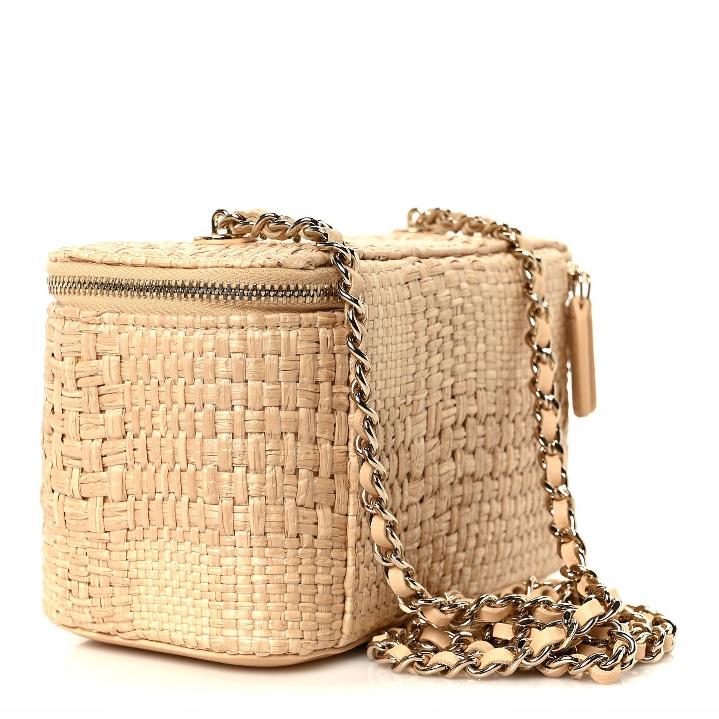 Braided Raffia Top Handle Slim Vanity Case With Chain Beige