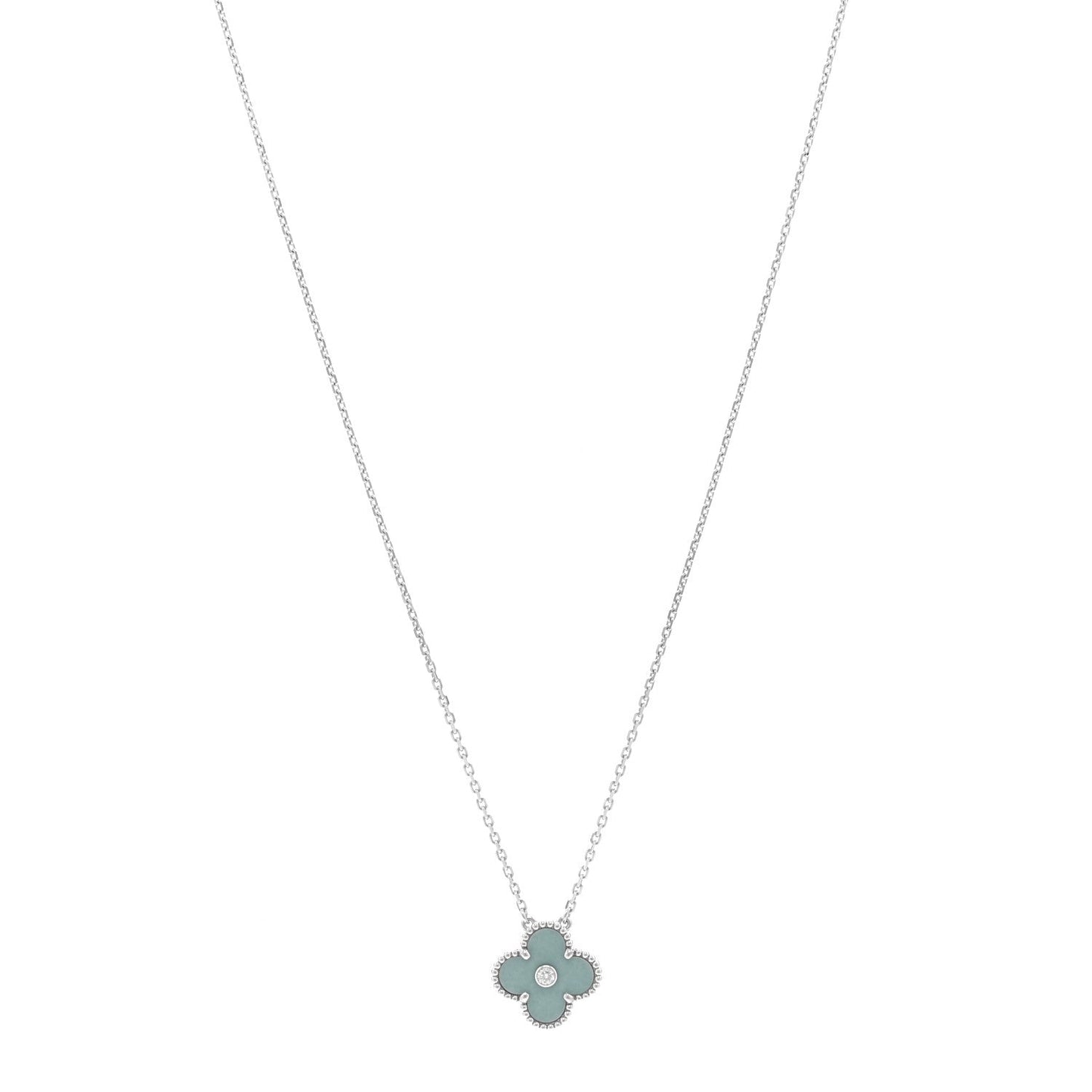 18K White Gold Diamond Celadon Green Sevres Porcelain Vintage Alhambra Pendant Necklace