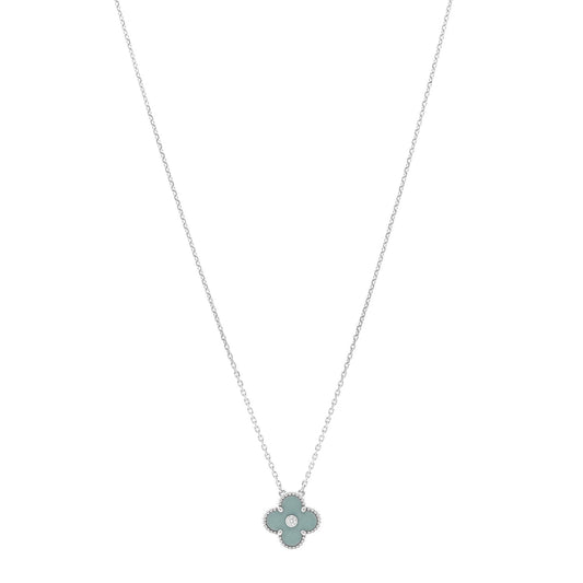 18K White Gold Diamond Celadon Green Sevres Porcelain Vintage Alhambra Pendant Necklace