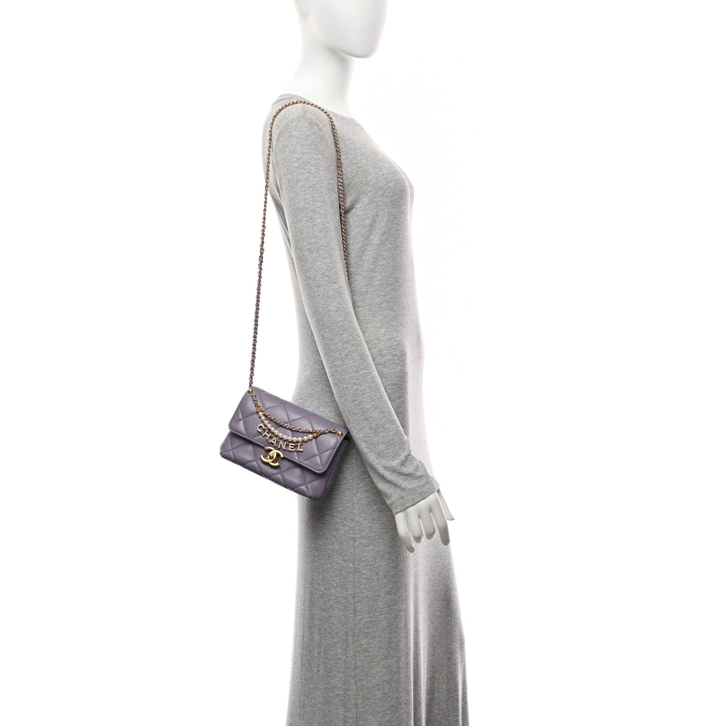 Shiny Lambskin Quilted Mini Pearl Logo Flap Light Purple