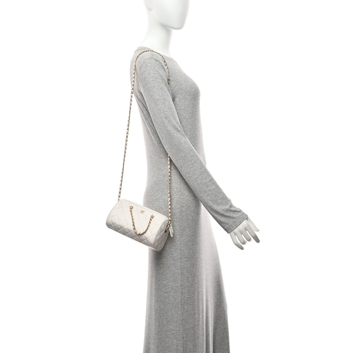 Caviar Quilted Barrel Clutch With Chain White