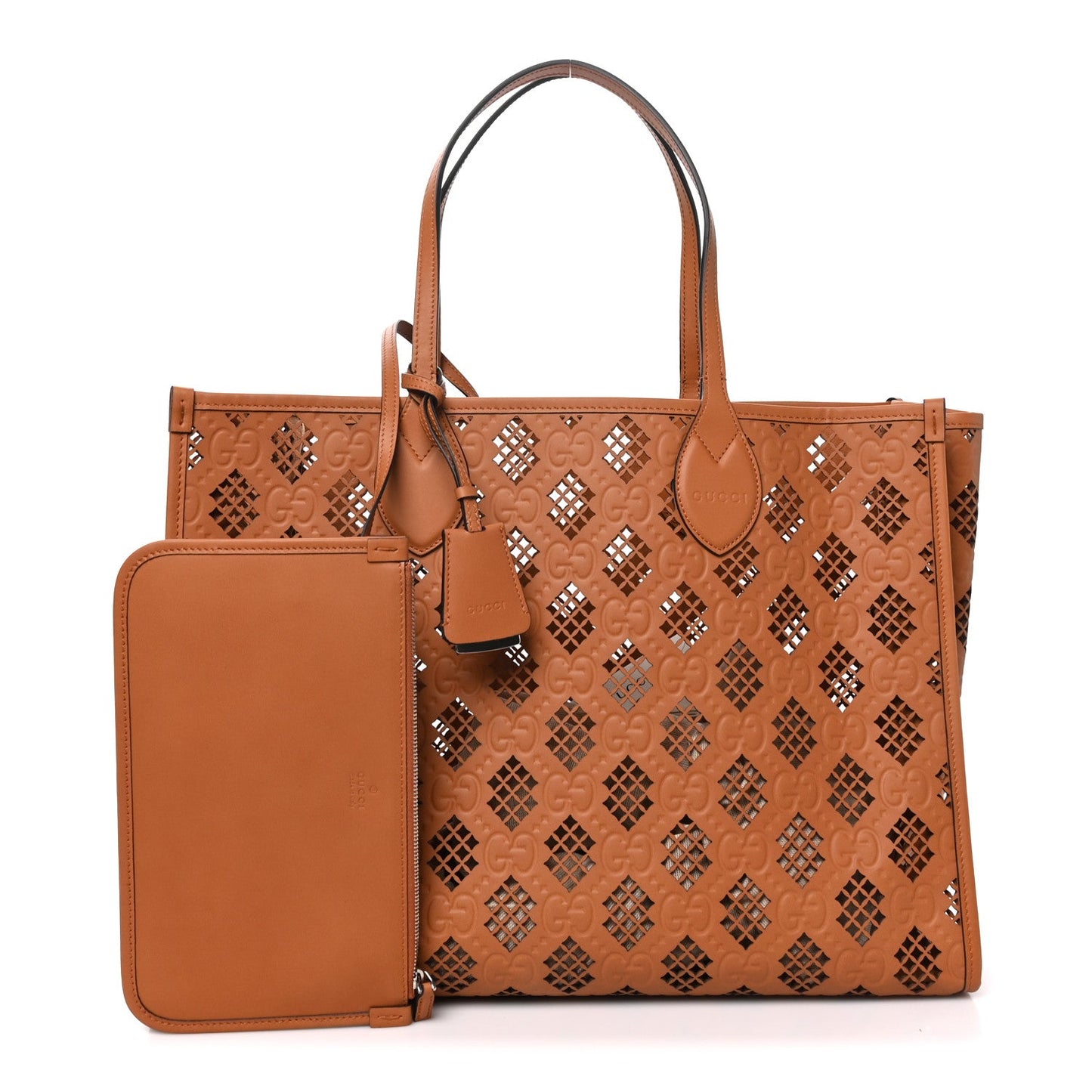 Calfskin GG Monogram Diamond Cut Medium Ophidia Tote Bag Brown