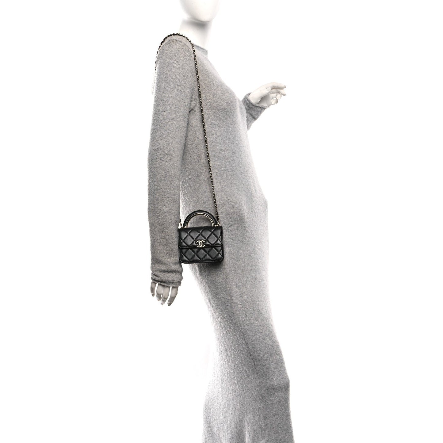Lambskin Metal Quilted Top Handle Flap Clutch With Chain Black