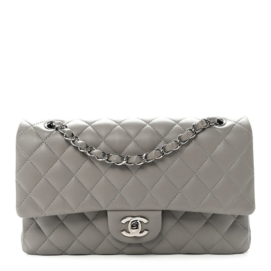 Lambskin Quilted Medium Double Flap Grey