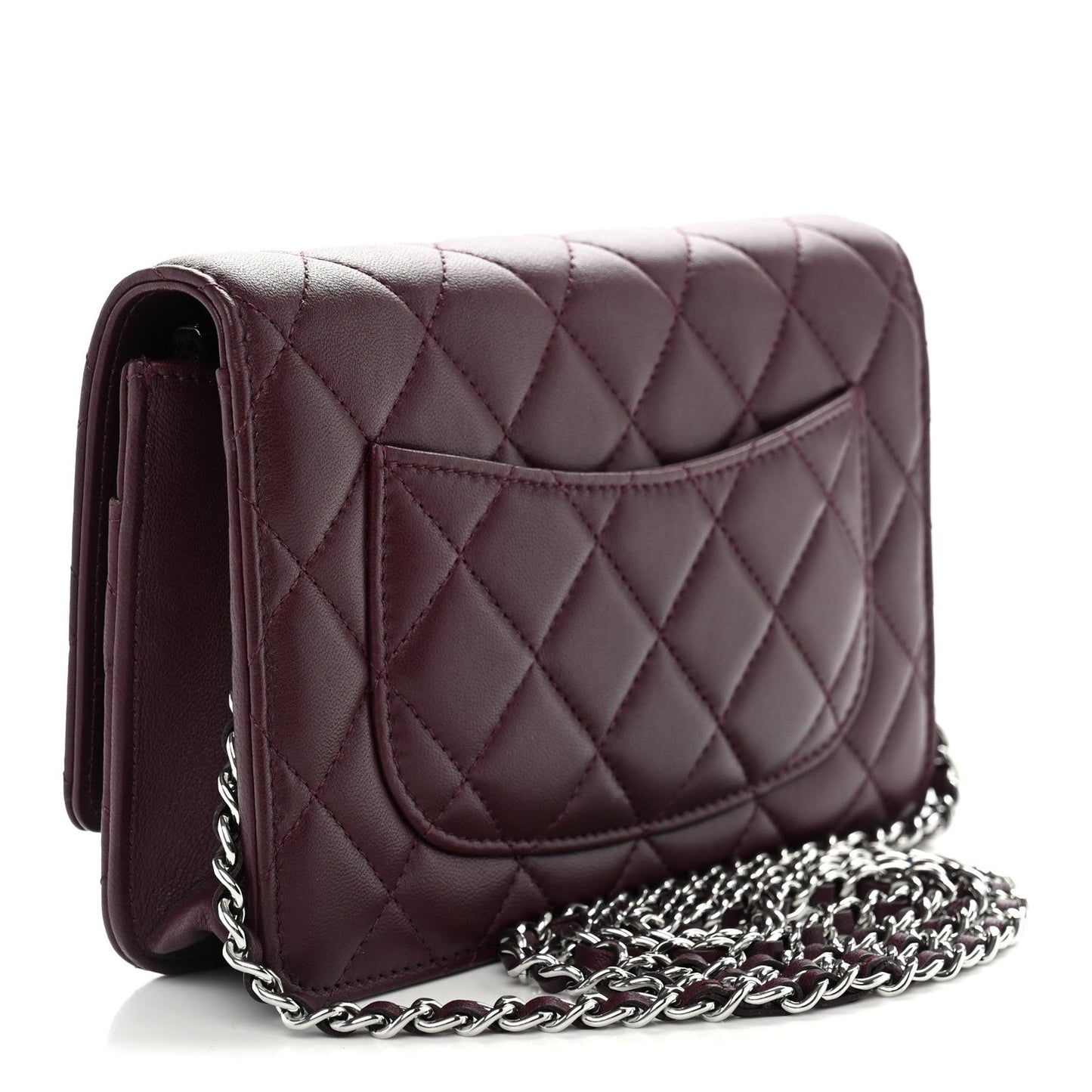 Lambskin Quilted Enamel CC Wallet On Chain WOC Burgundy