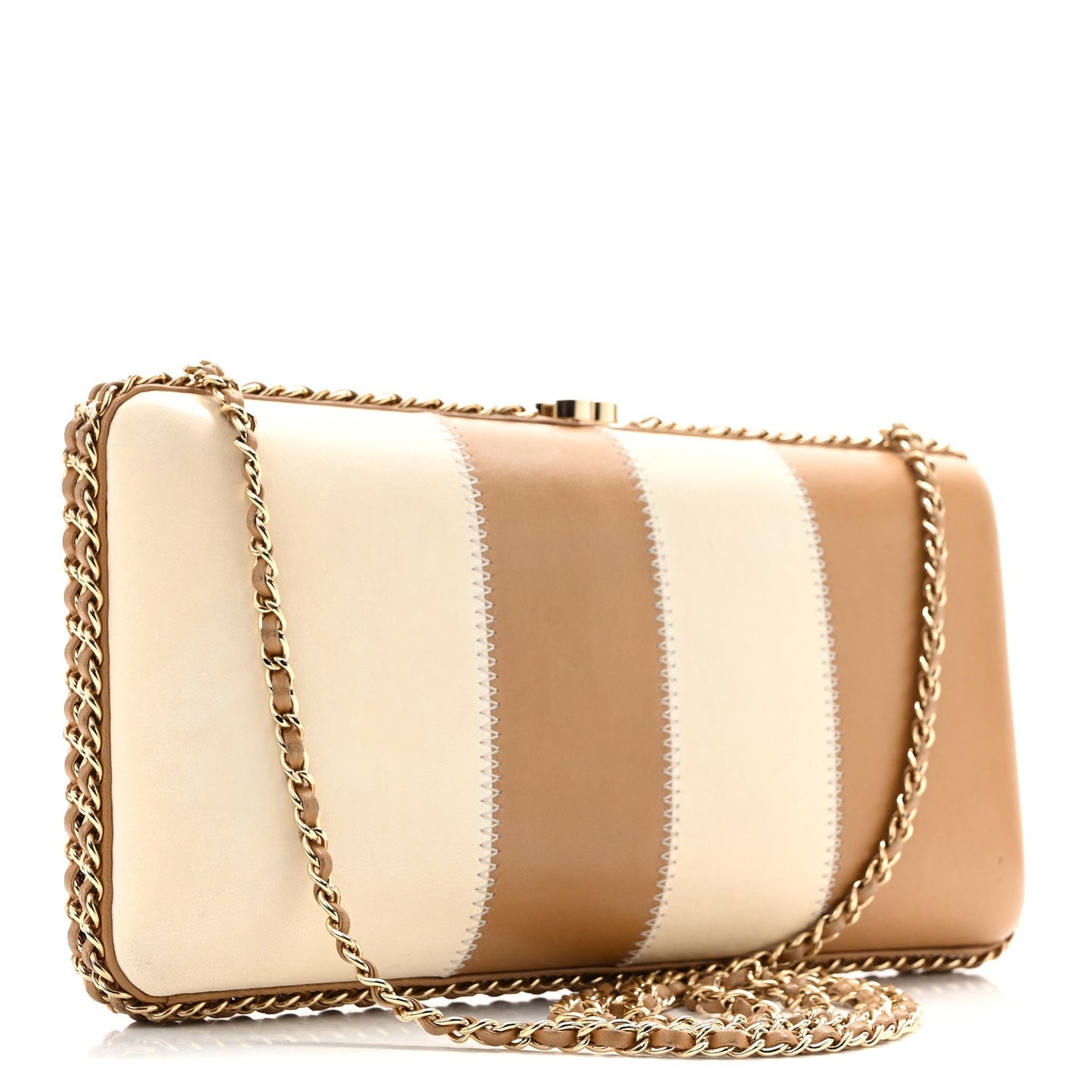 Lambskin CC Stitch Chain Around Clutch  Beige White