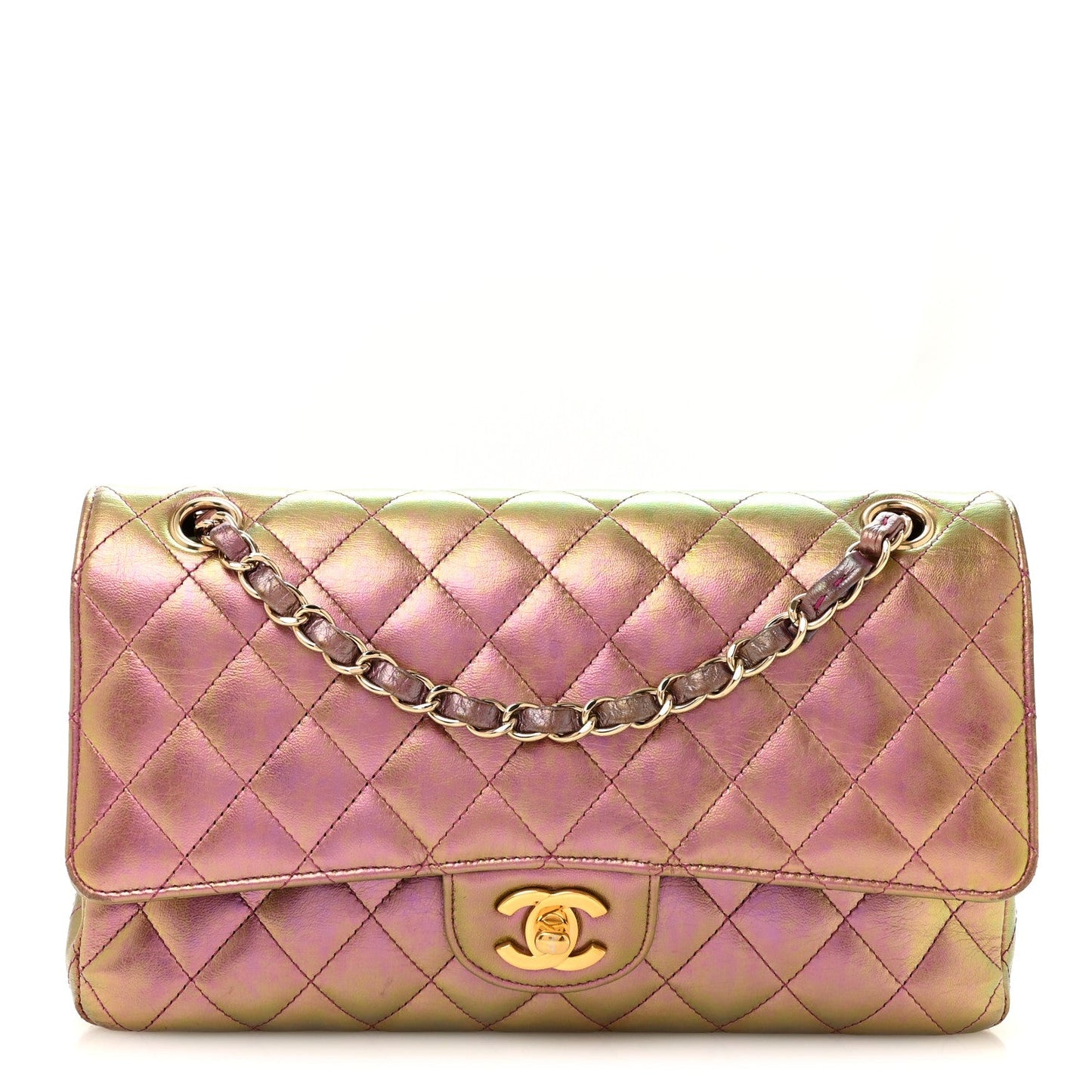 Iridescent Lambskin Quilted Medium Double Flap Purple
