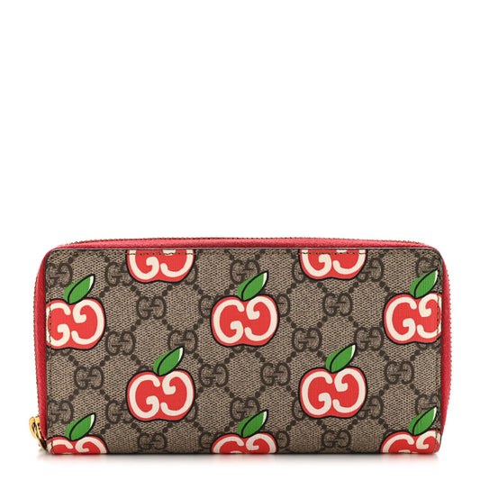 GG Supreme Monogram Apple Zip Around Wallet Beige Multicolor Lobster Red