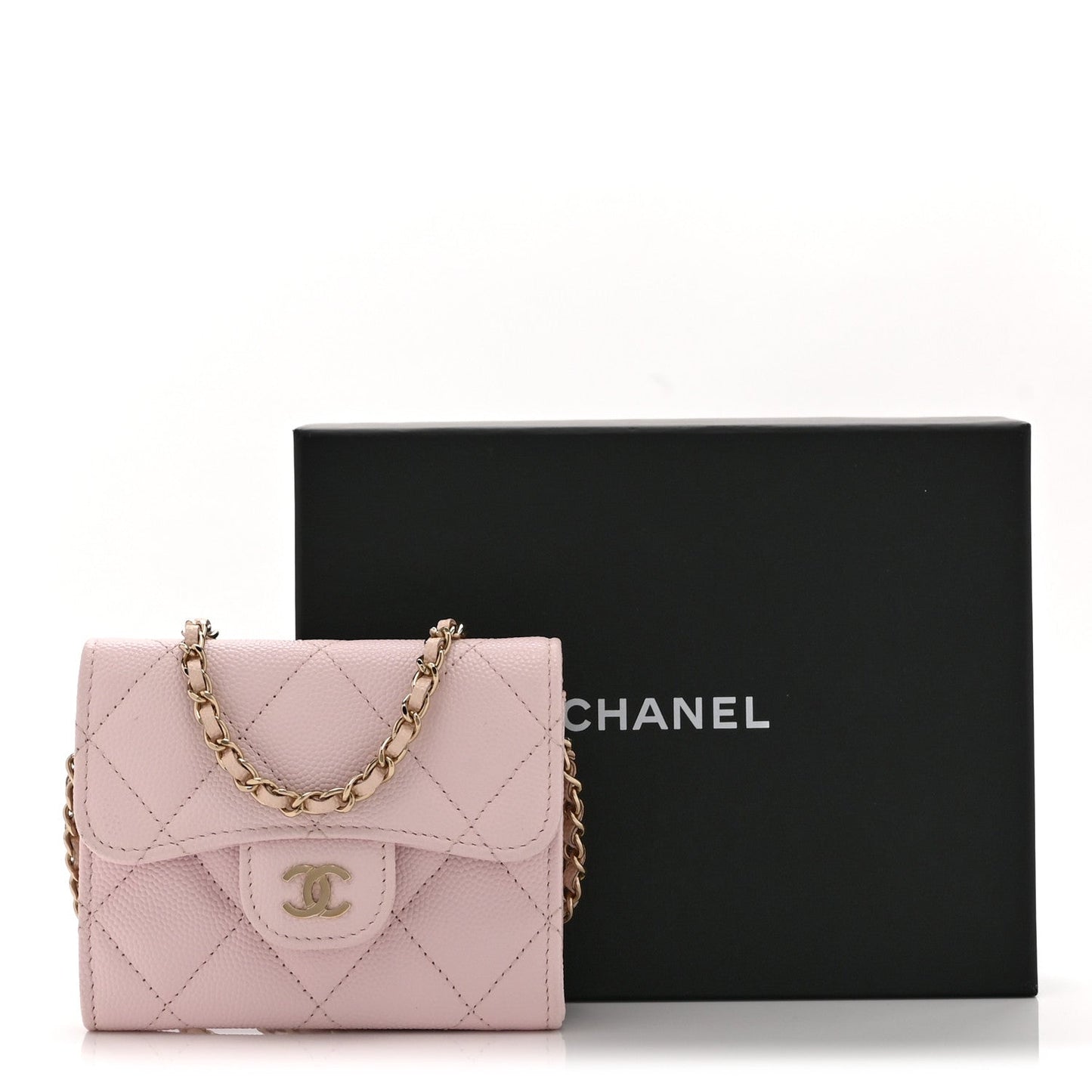 Caviar Quilted Flap Card Holder On Chain Pink