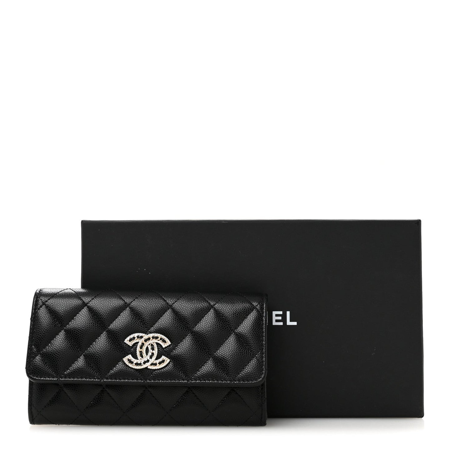 Caviar Quilted Crystal CC Large Gusset Flap Wallet Black