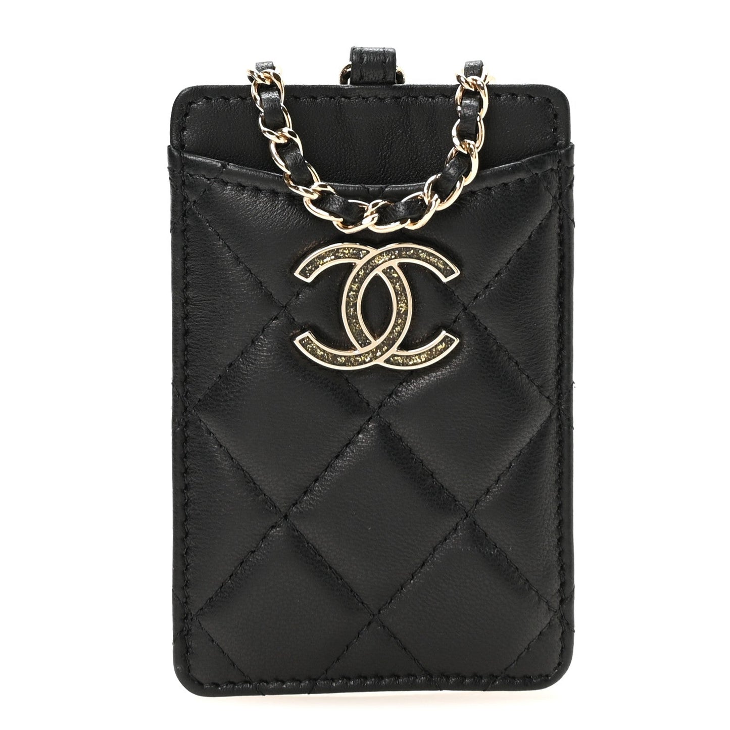 Lambskin Quilted Glitter Card Holder On Chain Black