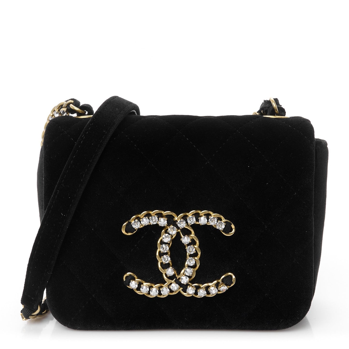 Velvet Quilted Crystal CC Mini Flap Black