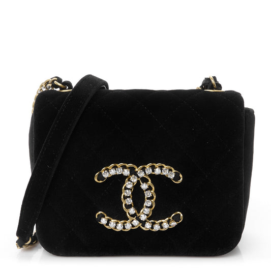 Velvet Quilted Crystal CC Mini Flap Black