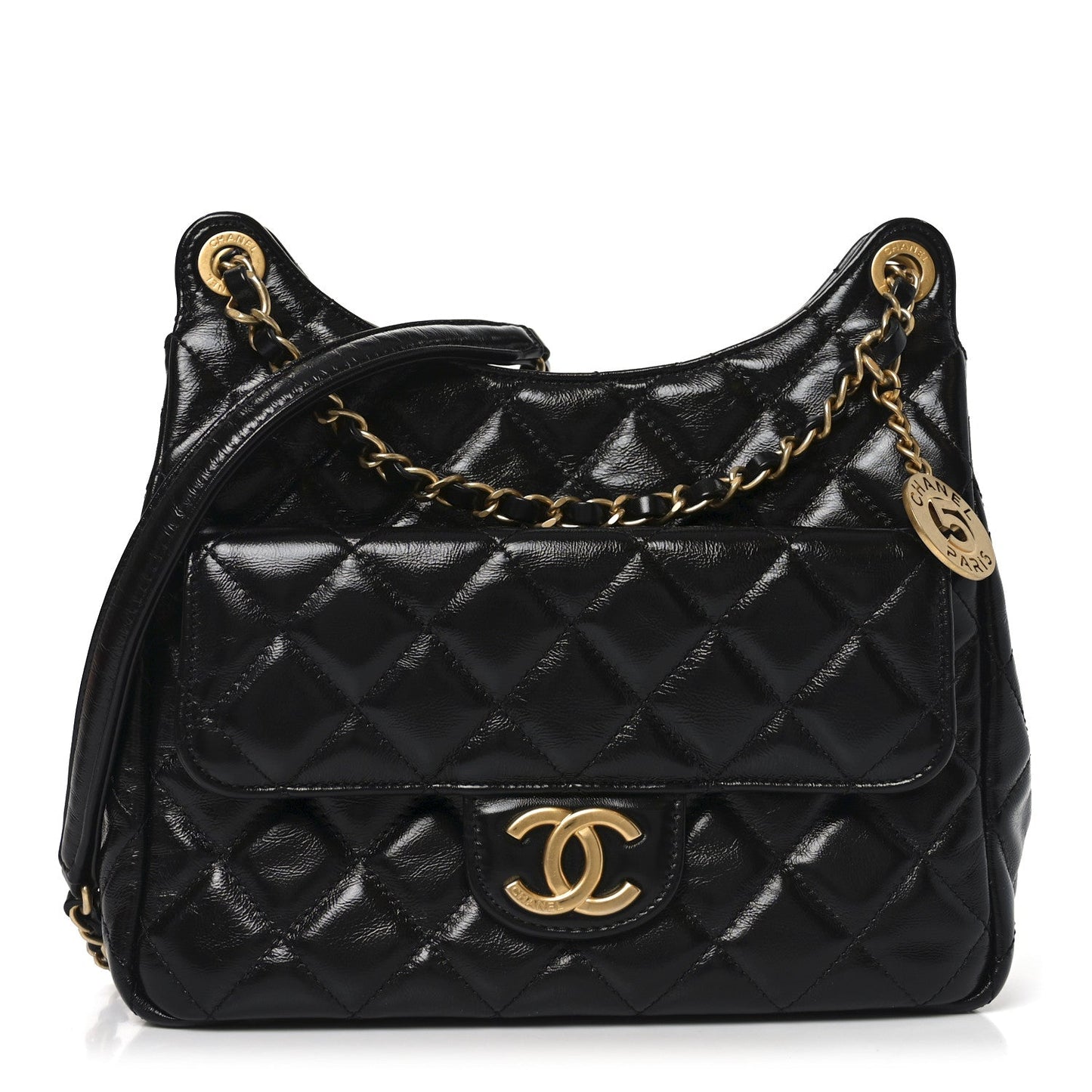 Shiny Crumpled Calfskin Quilted Wavy CC Hobo Black