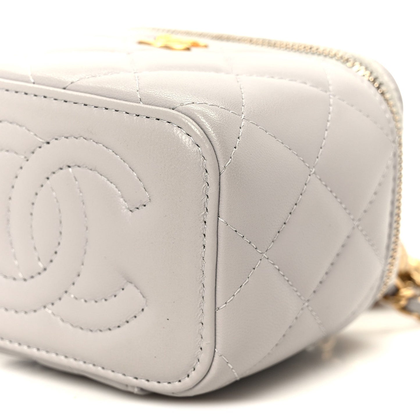 Lambskin Quilted Pearl Crush Mini Vanity Case With Chain Grey