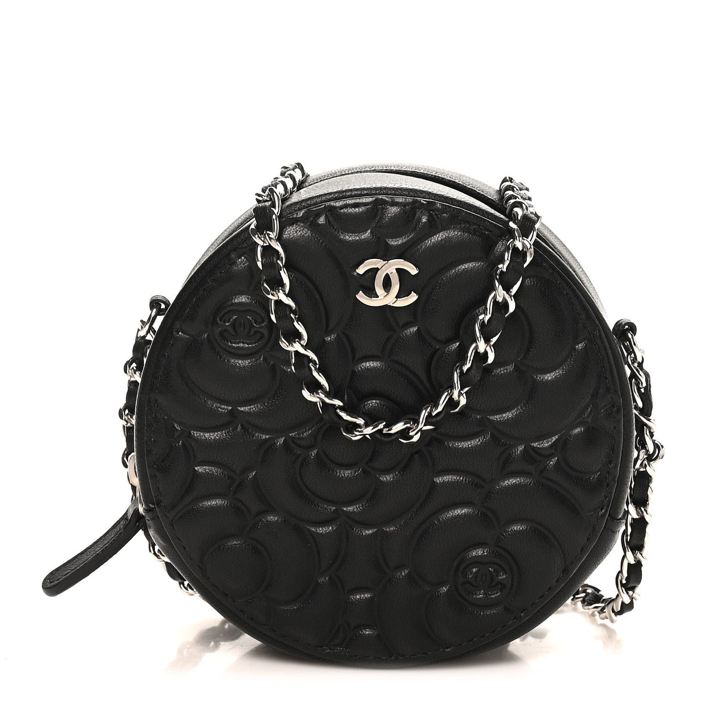 Goatskin Camellia Quilted Round Clutch With Chain Black