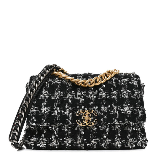 Tweed Quilted Large Chanel 19 Flap Black Silver Ecru