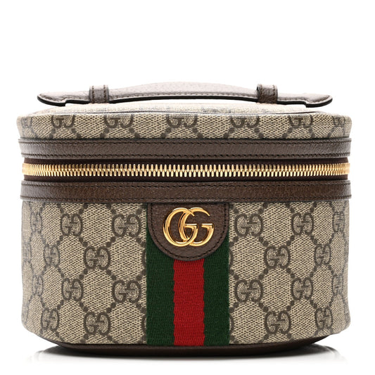 GG Supreme Monogram Textured Calfskin Web Ophidia Vanity Cosmetic Case Beige Ebony New Acero