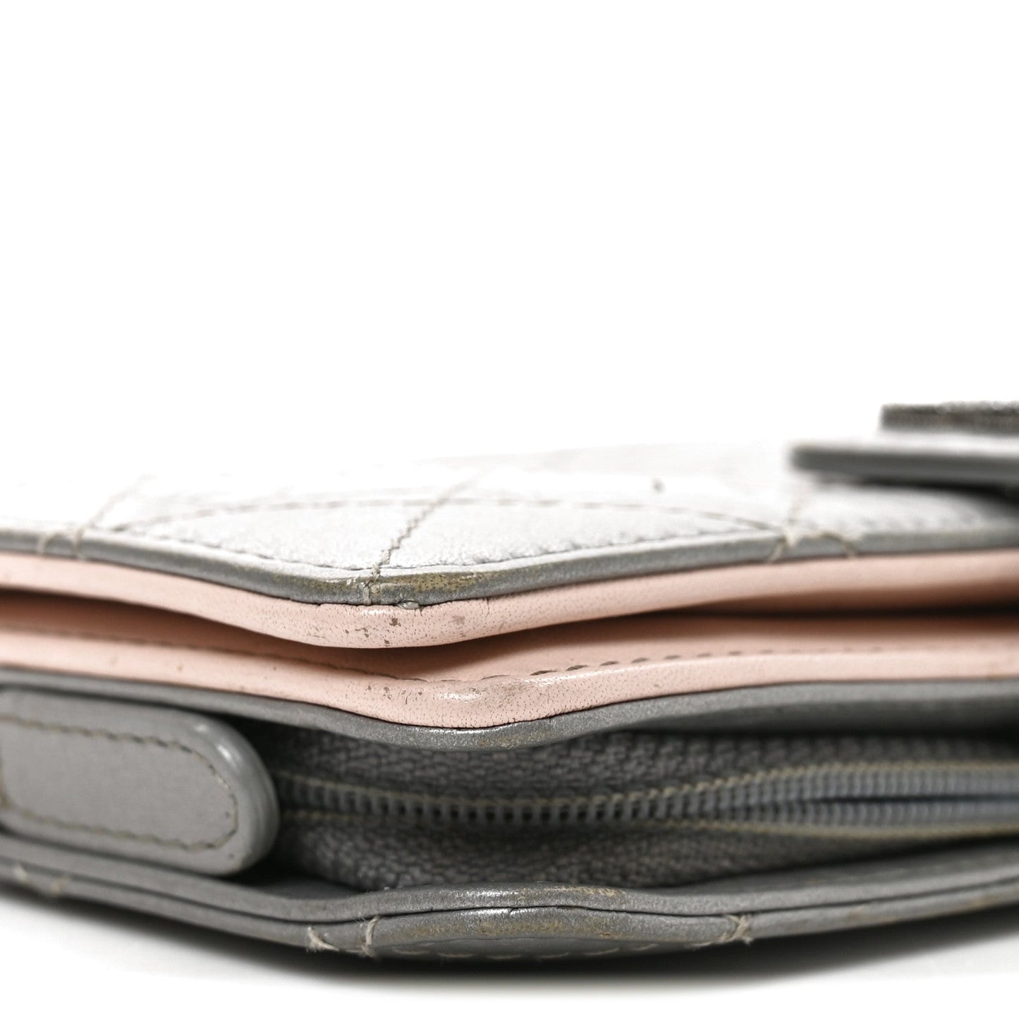 Metallic Aged Calfskin Quilted Palette Flap Wallet Silver