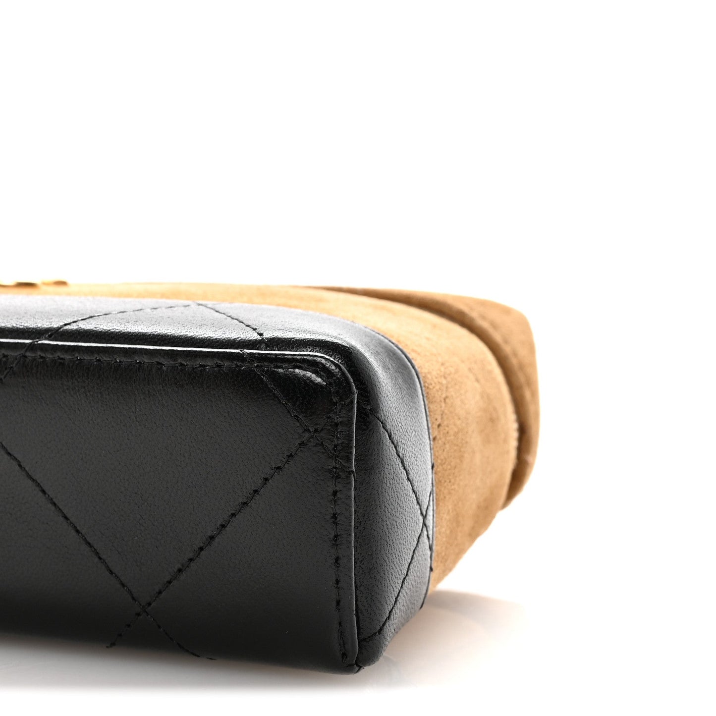 Suede Calfskin Shiny Lambskin Quilted Top Handle Slim Vanity Case With Chain Beige Black