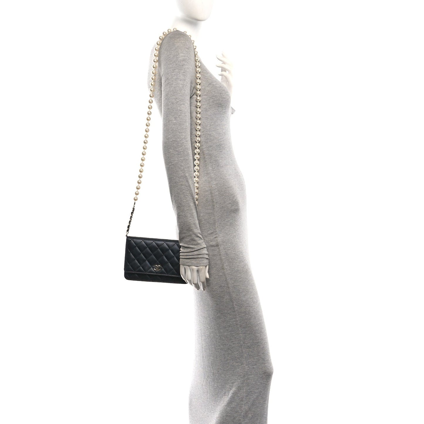 Lambskin Quilted Pearl Wallet On Chain WOC Black