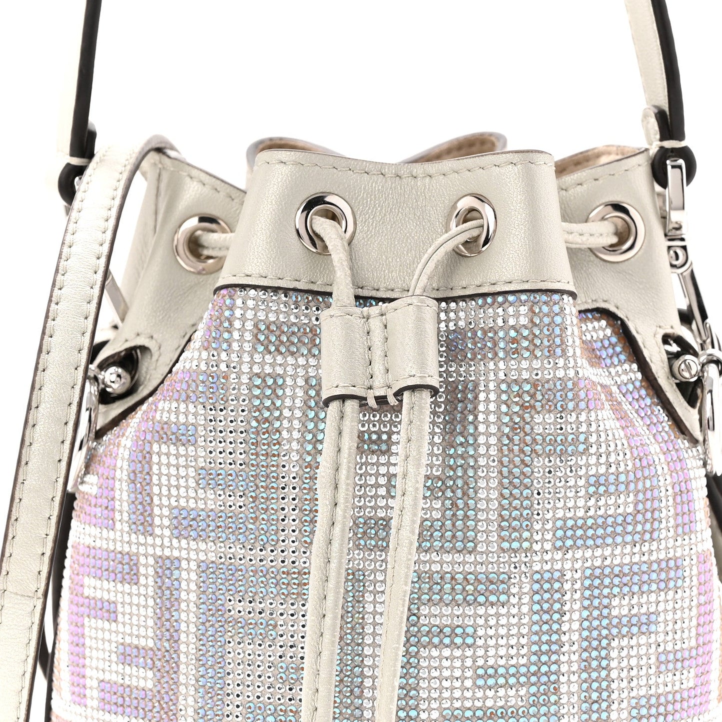 Crystal Vitello Laminato FF Mini Mon Tresor Bucket Bag Crystal Argento