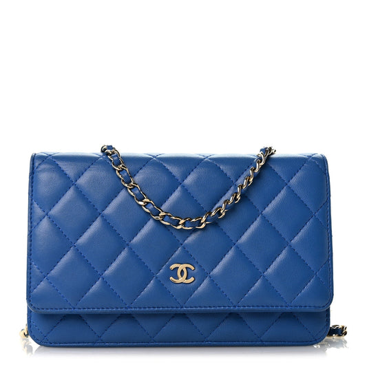 Lambskin Quilted Wallet On Chain WOC Blue