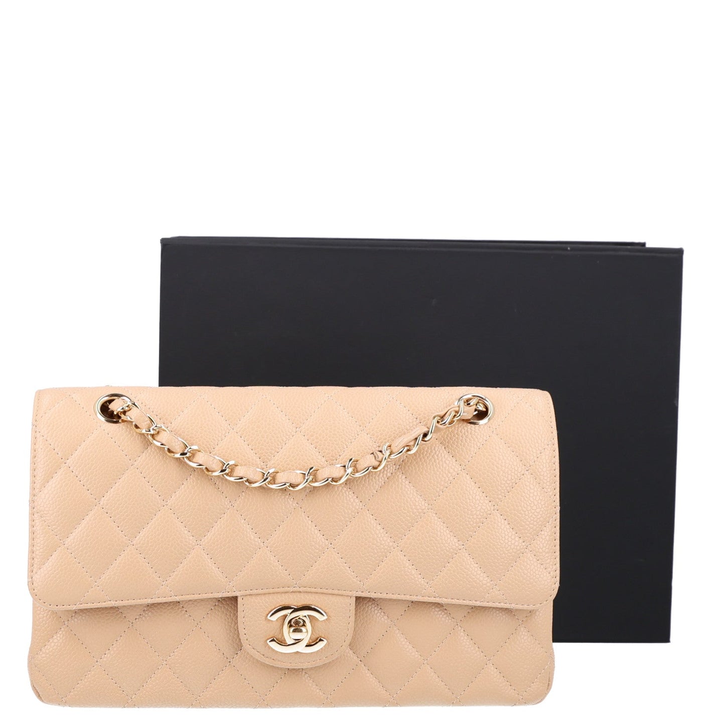Caviar Quilted Medium Double Flap Beige