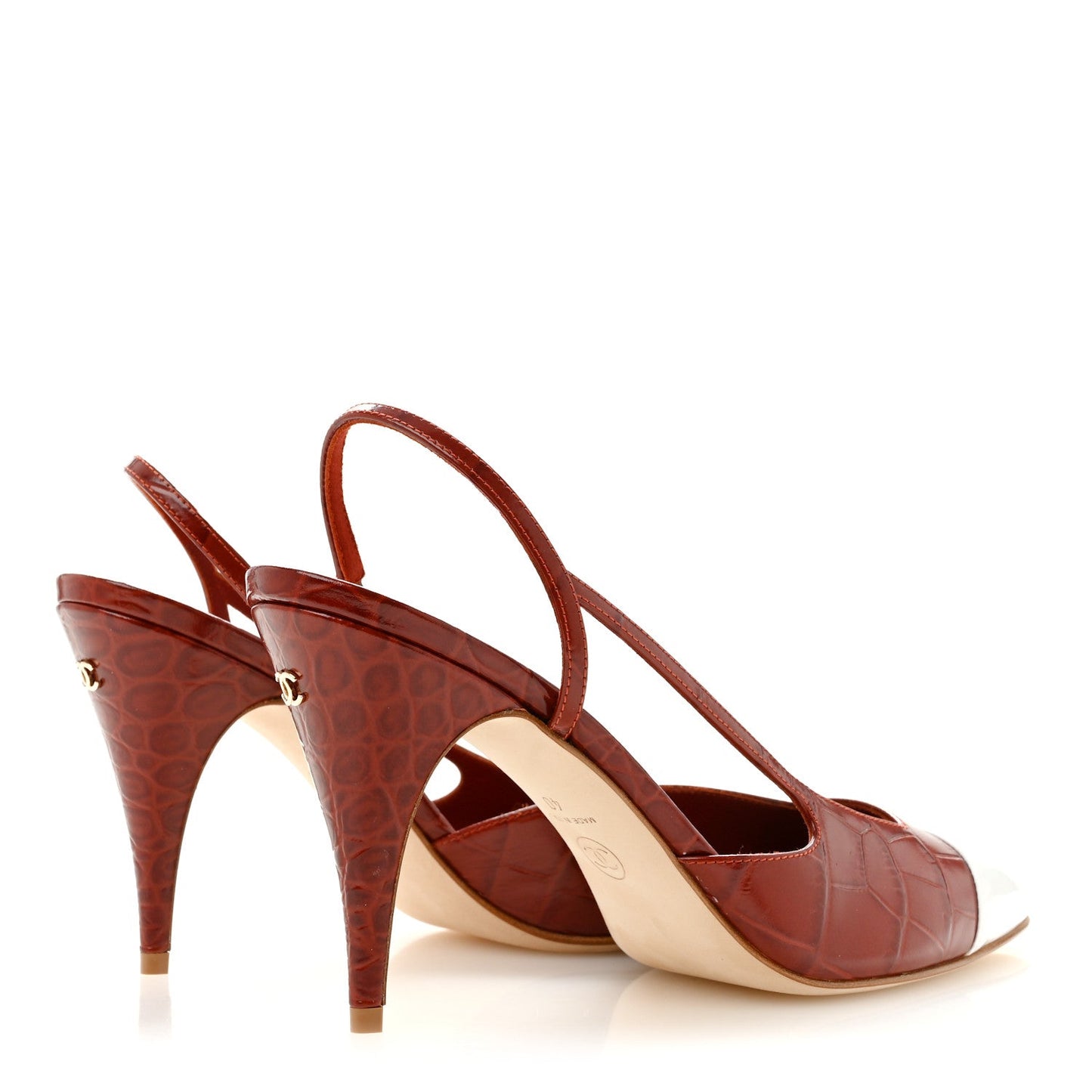 Calfskin Crocodile Embossed Patent Cap Toe Slingback Pumps 40 Dark Red White