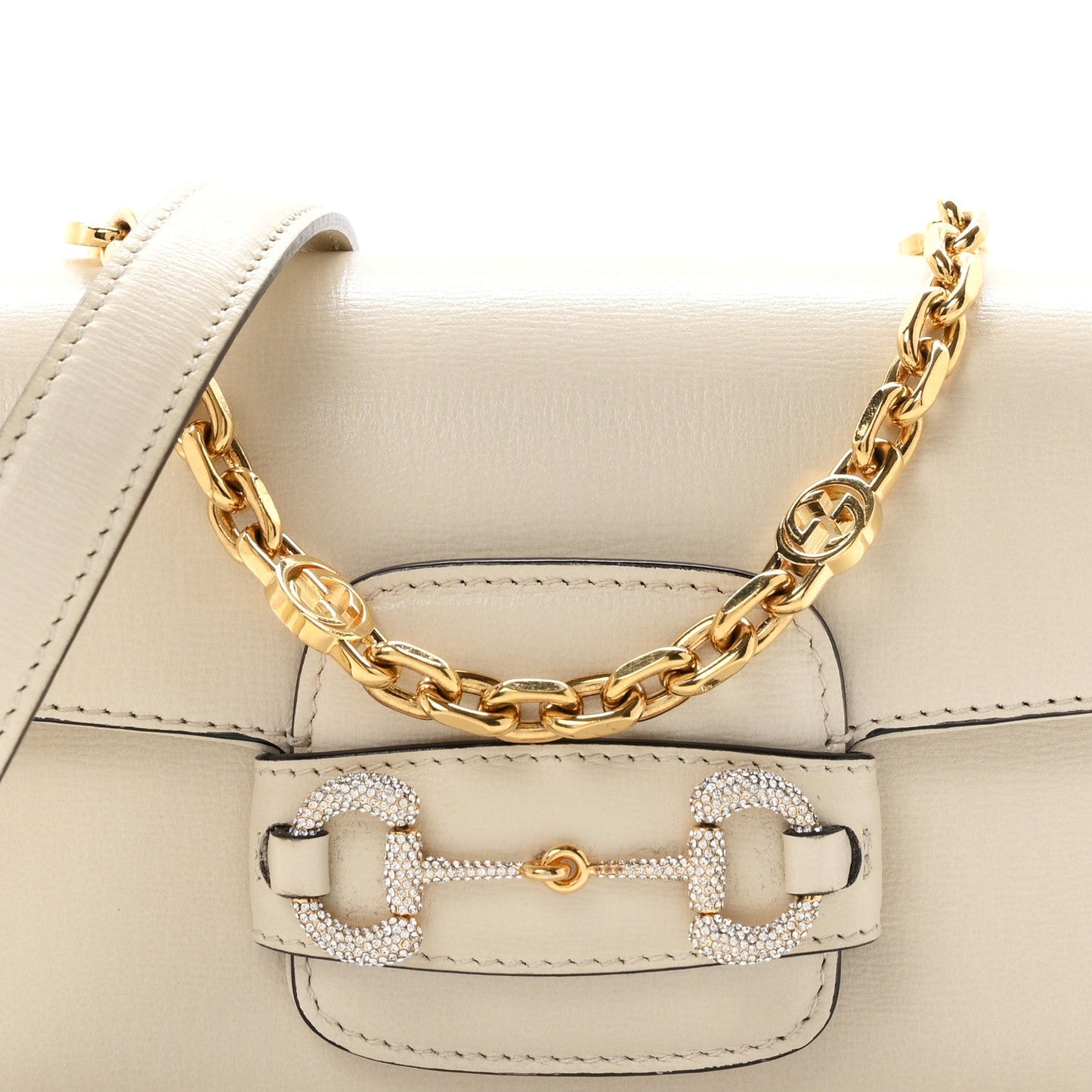 Azalea Calfskin Crystal Small Horsebit 1955 Chain Shoulder Bag White