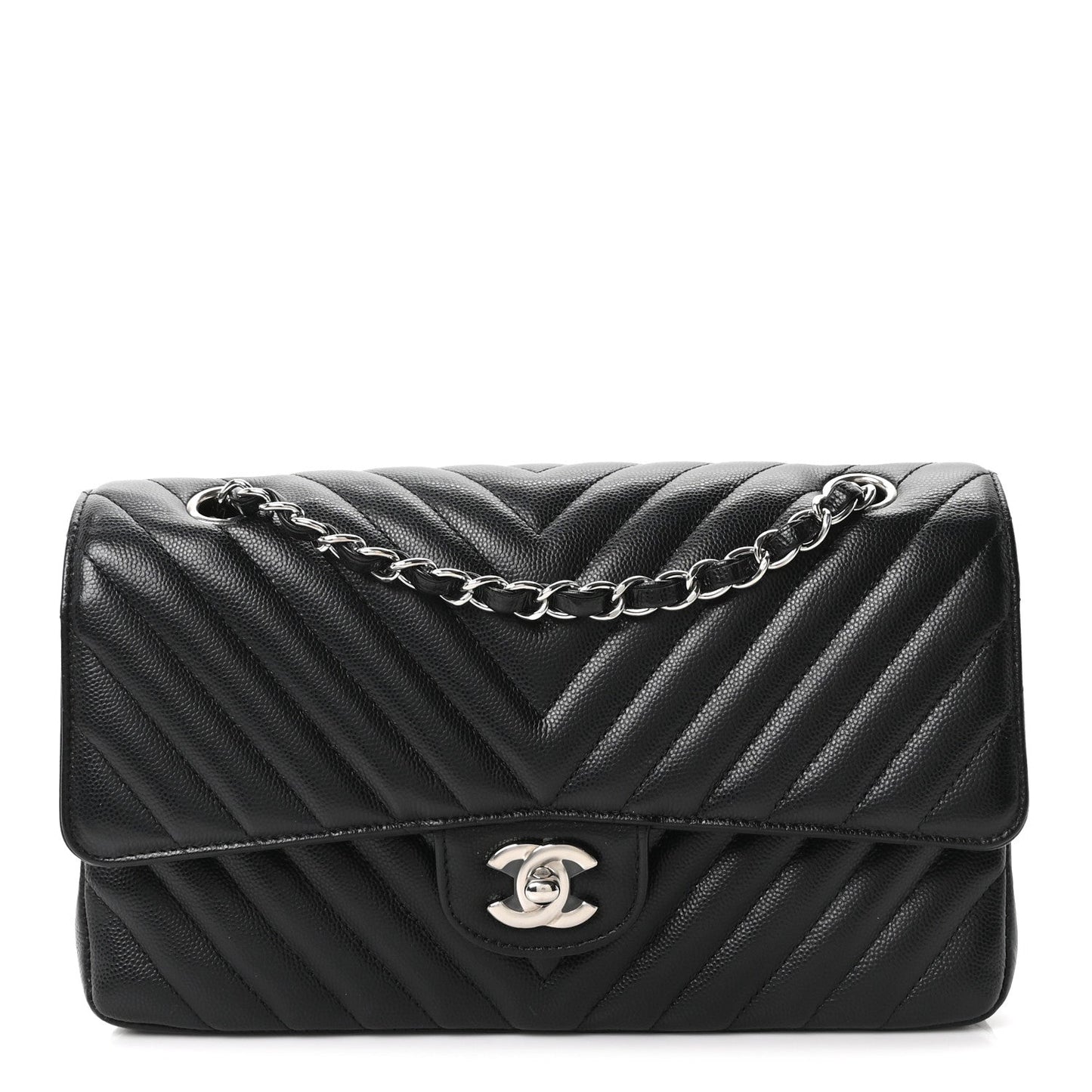 Caviar Chevron Quilted Medium Double Flap Black