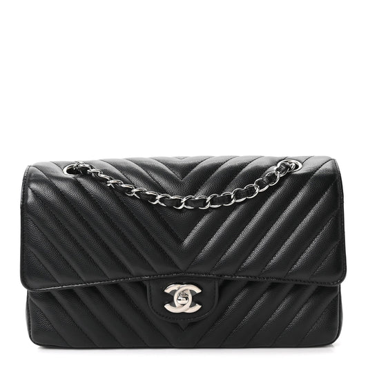Caviar Chevron Quilted Medium Double Flap Black
