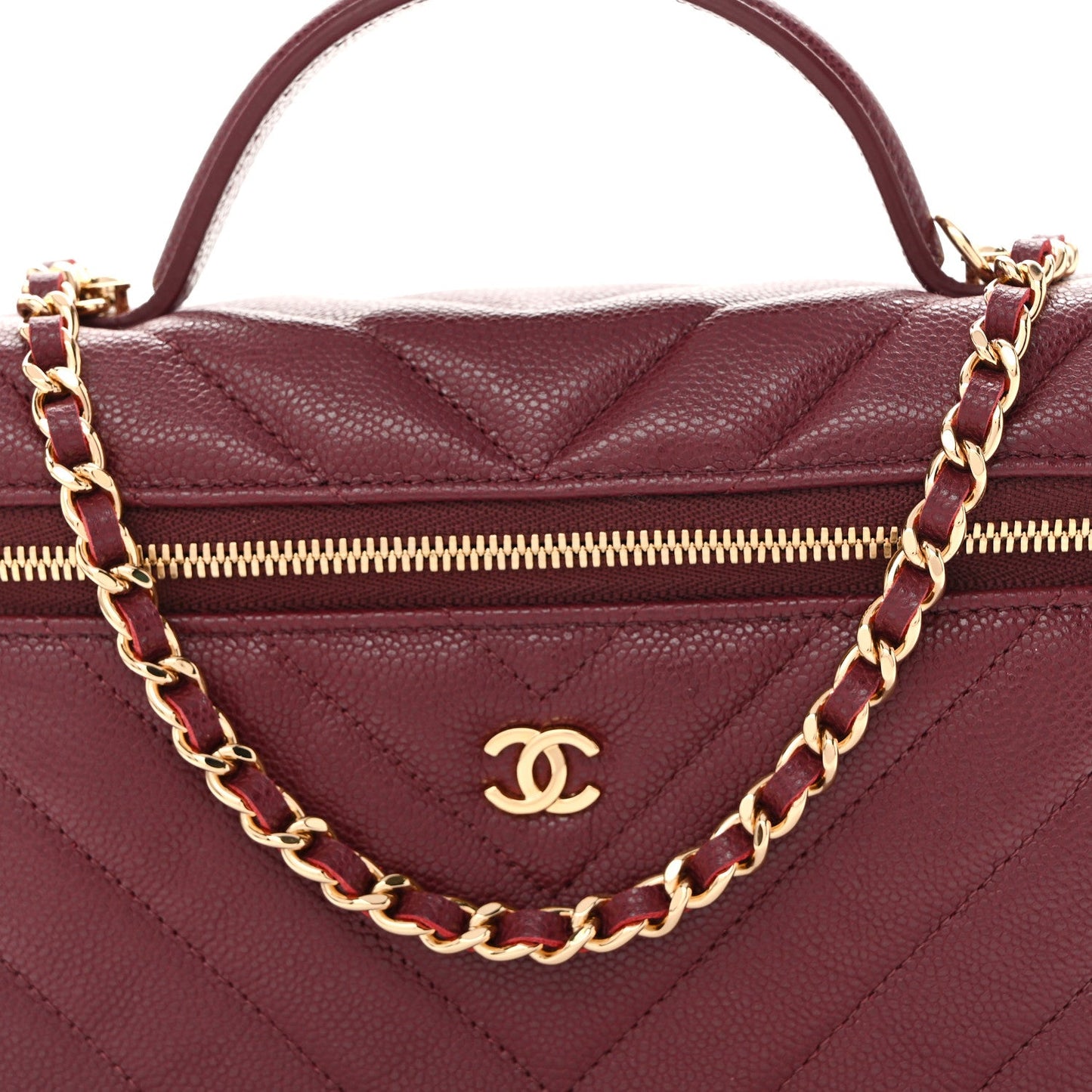 Caviar Chevron Quilted Top Handle Slim Vanity With Chain Burgundy