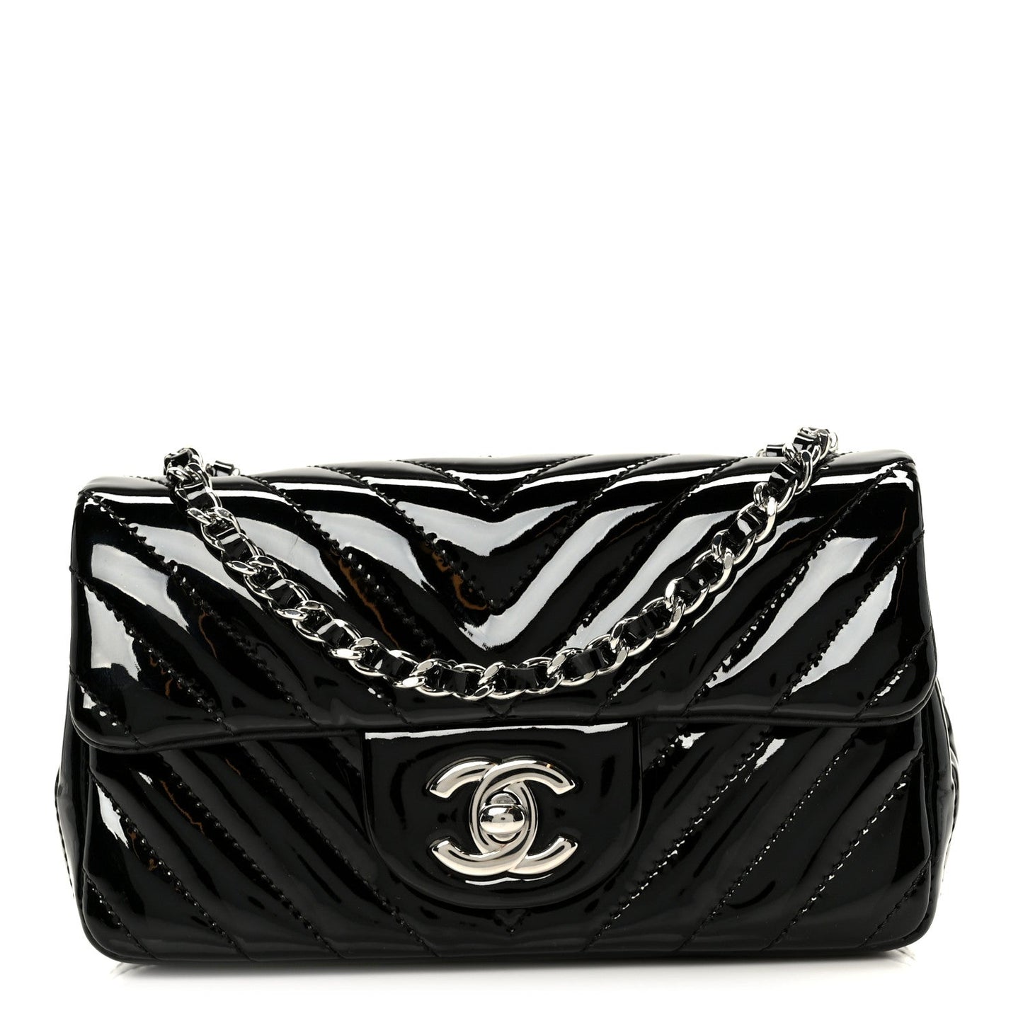 Patent Calfskin Chevron Quilted Extra Mini Flap Black