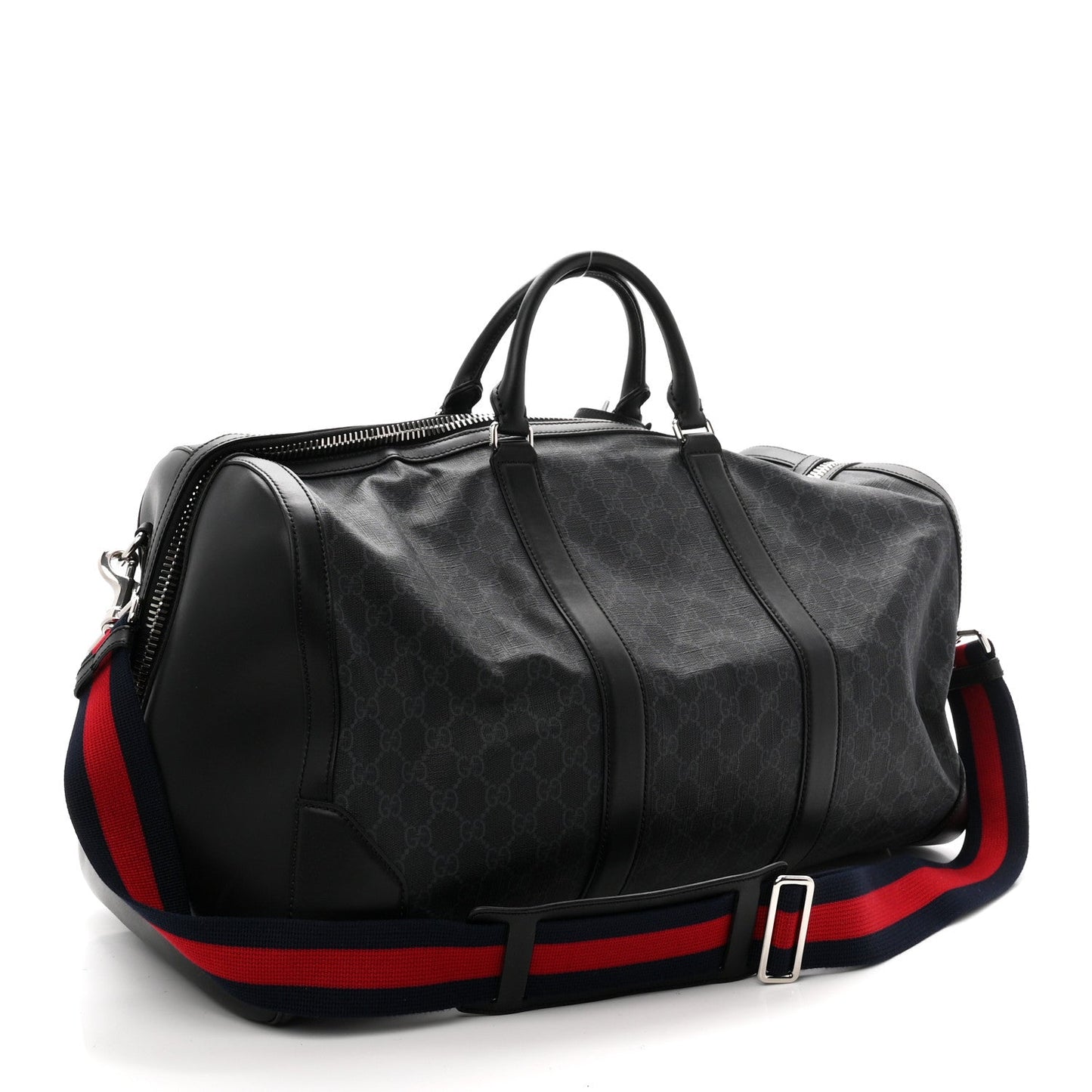 Soft GG Supreme Monogram Appia Calfskin Web Large Carry On Duffle Bag Black Grey