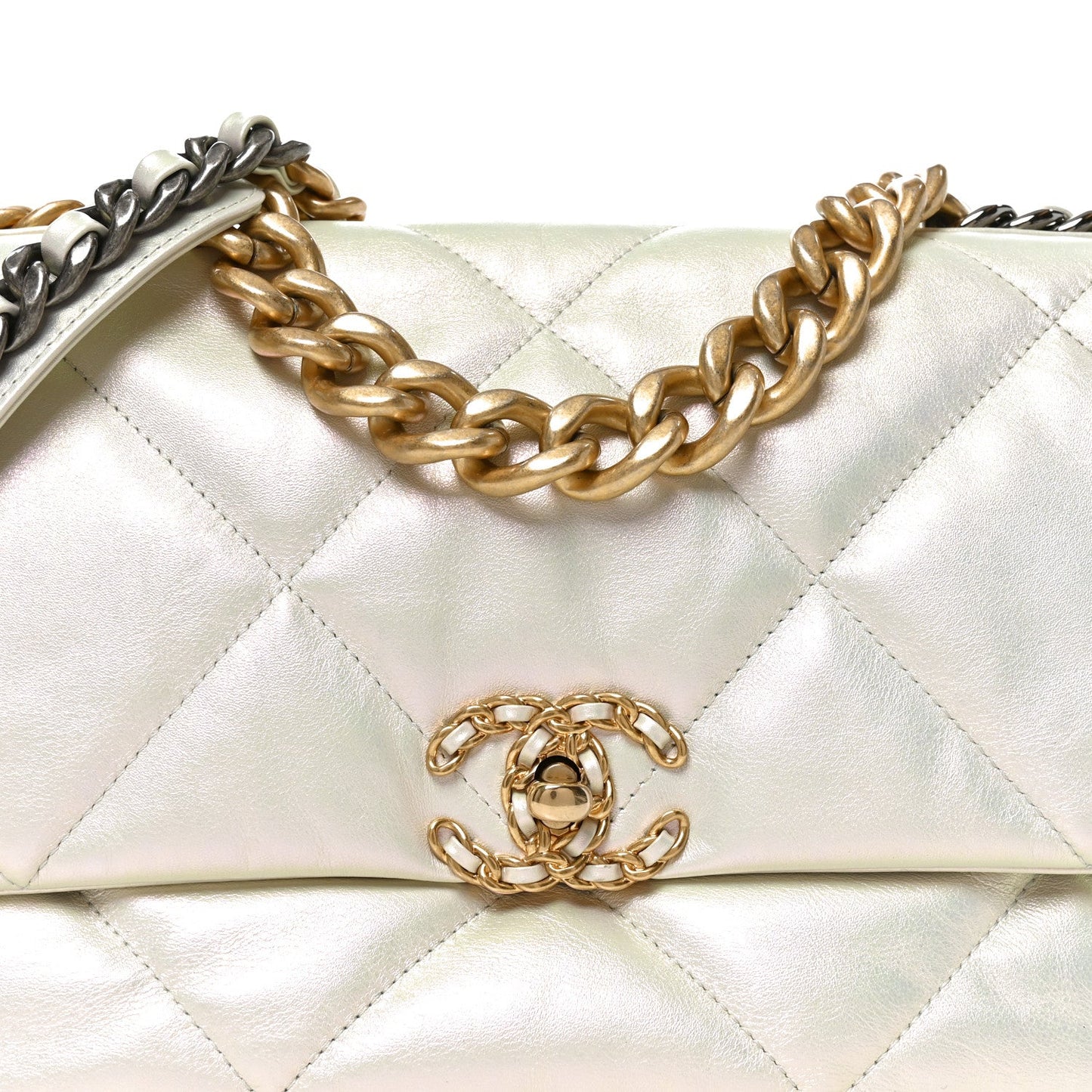 Iridescent Calfskin Quilted Large Chanel 19 Flap White