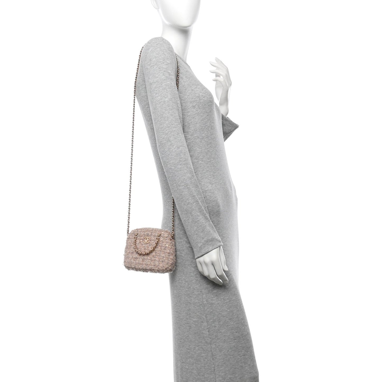 Cotton Wool Tweed Sequin Quilted Shiny Coco Clutch With Chain Light Pink Beige Ecru