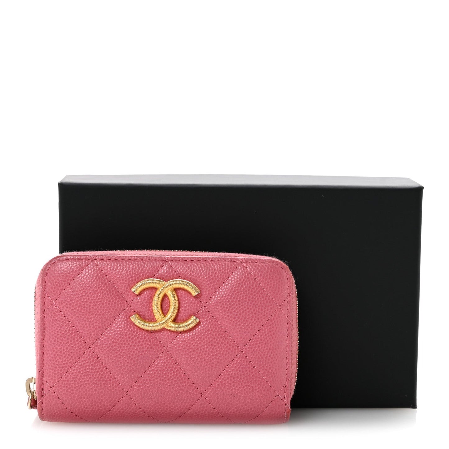 Caviar Quilted Textured CC Zip Around Coin Purse Black Pink