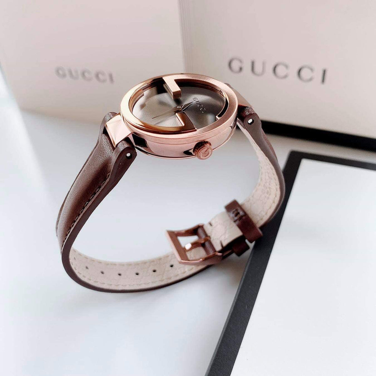 Gucci G Interlocking Brown Dial Brown Leather Strap Watch For Women - YA133504