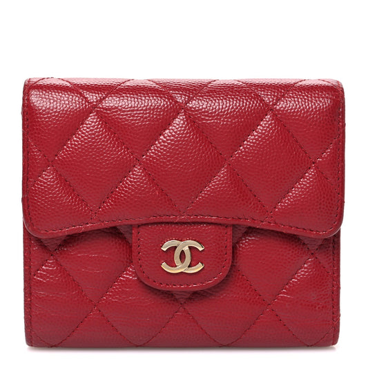 Caviar Quilted Compact Flap Wallet Dark Red