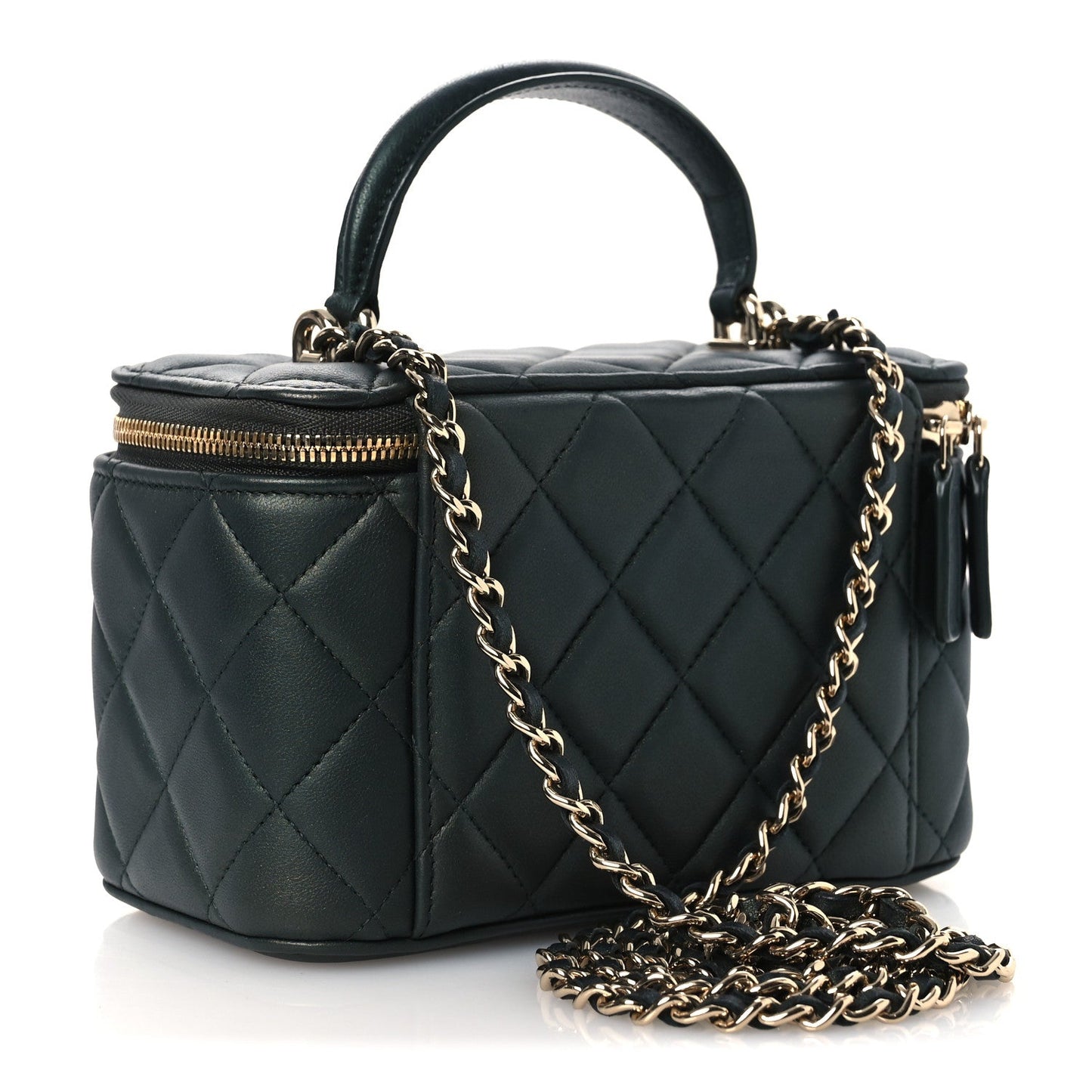 Iridescent Lambskin Quilted Small Top Handle Vanity Case With Chain Green