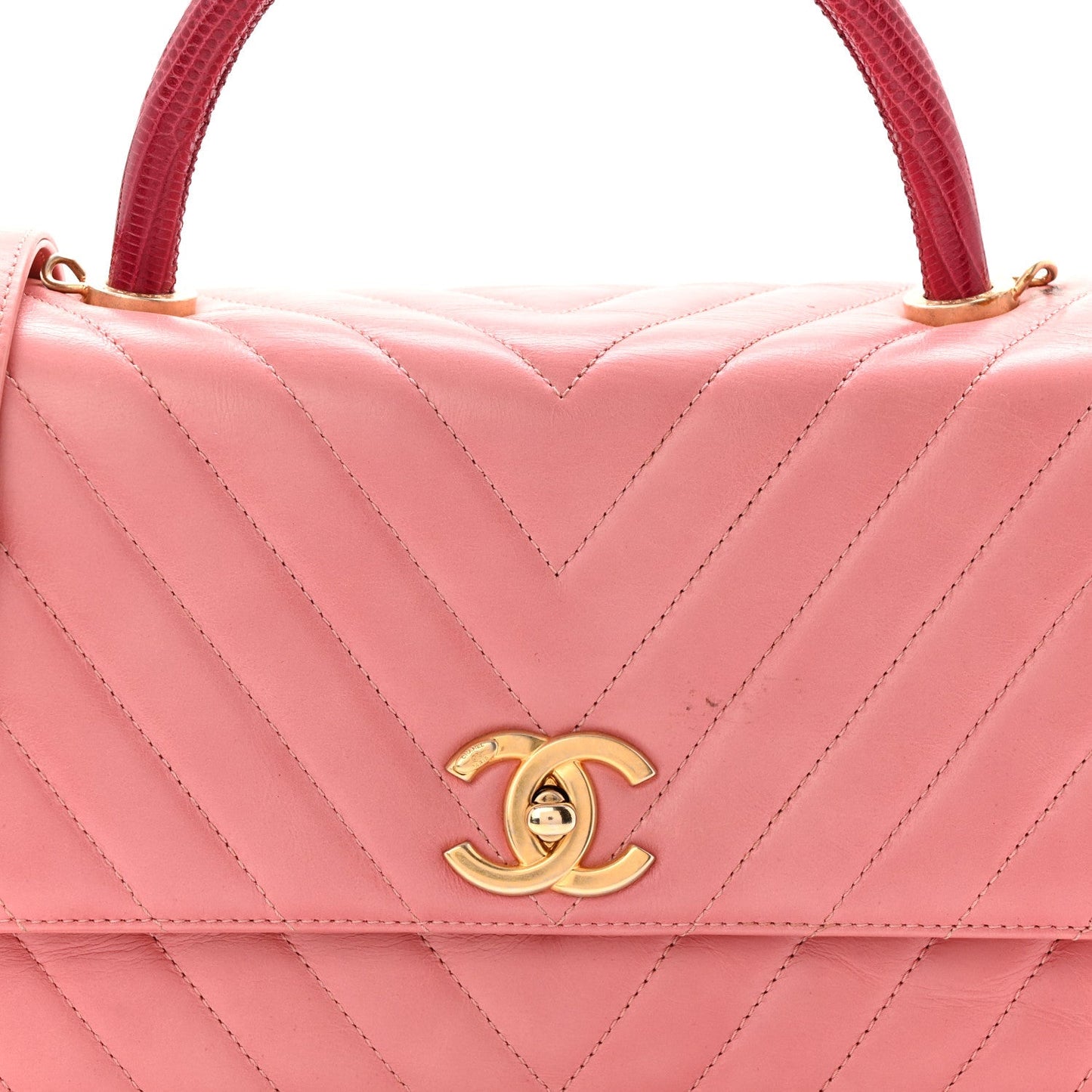 Calfskin Lizard Chevron Quilted Small Coco Handle Flap Pink