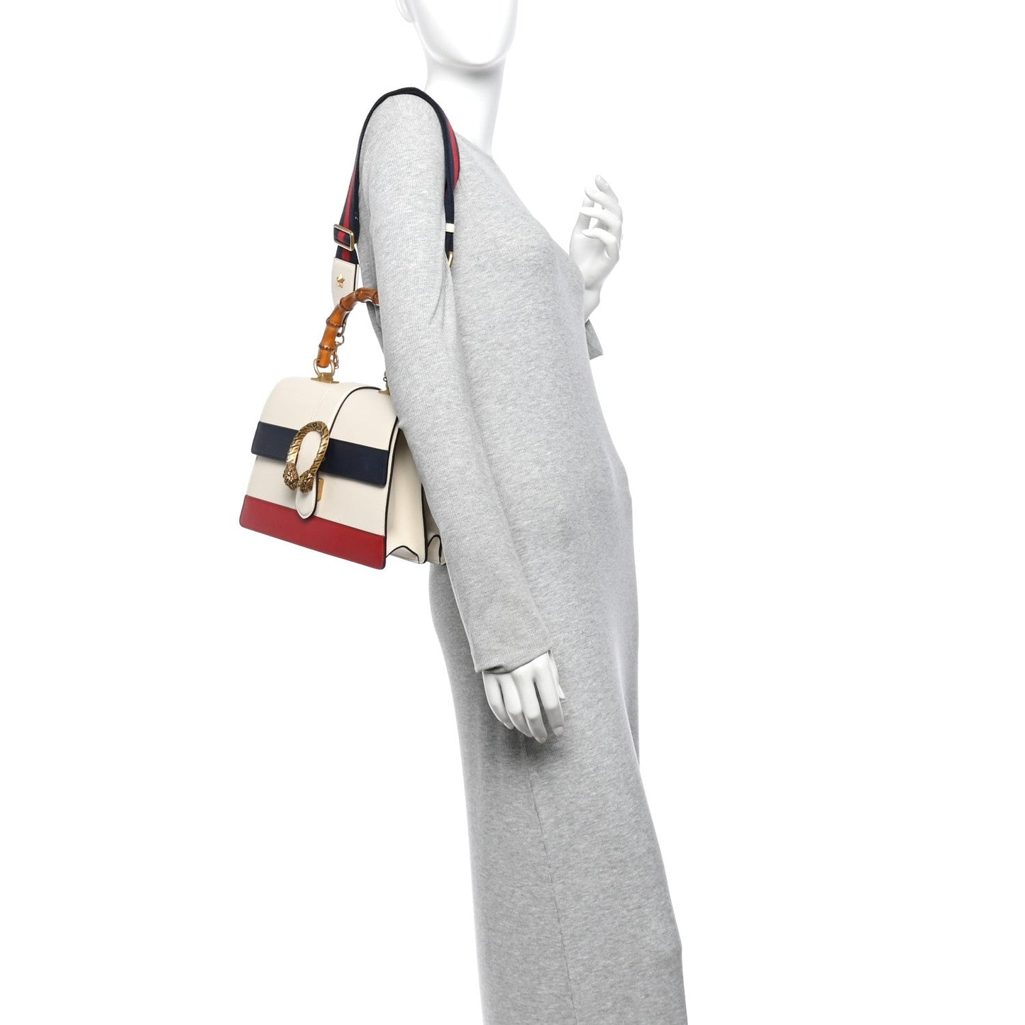 Calfskin Bamboo Web Medium Dionysus Top Handle Bag White Blue Hibiscus Red
