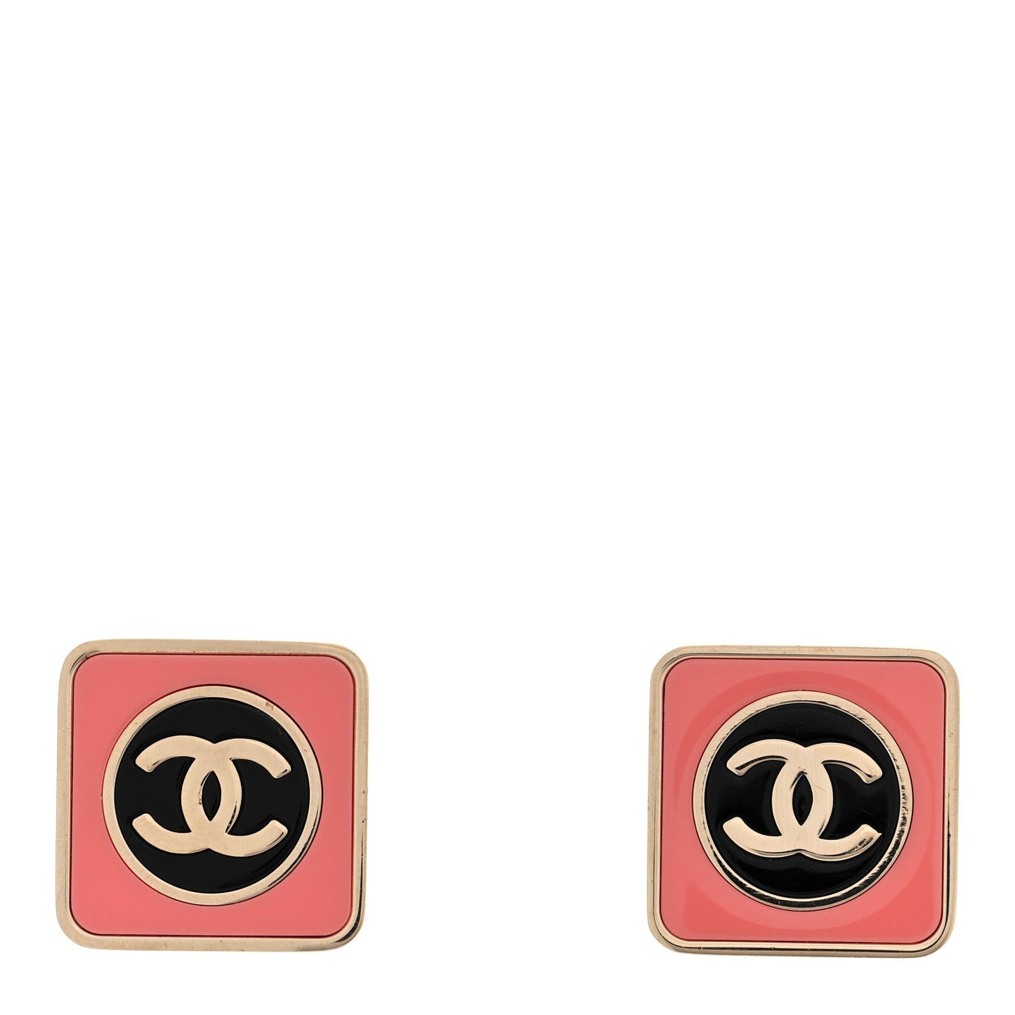 Metal Enamel CC Square Earrings Gold Pink Black