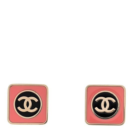 Metal Enamel CC Square Earrings Gold Pink Black