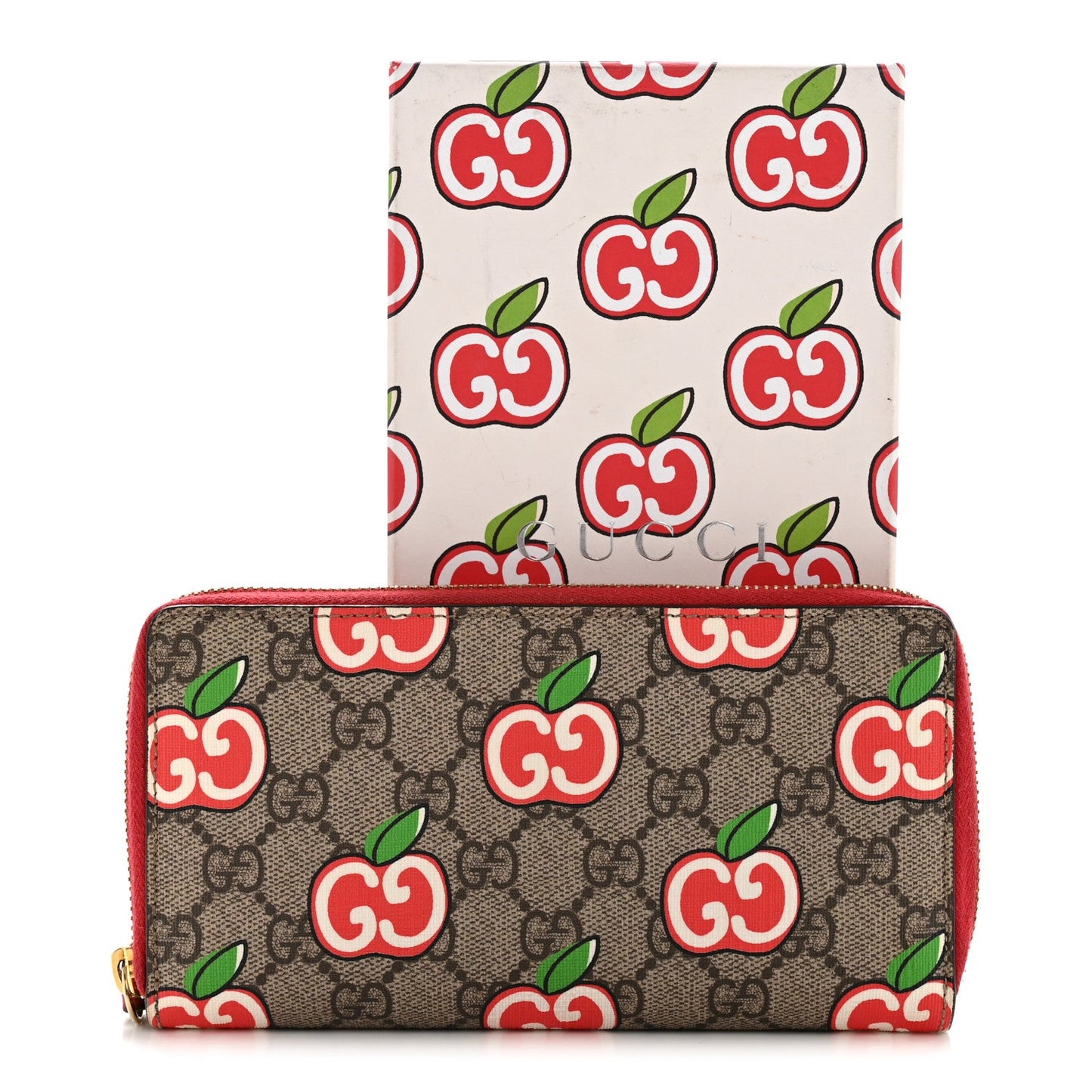 GG Supreme Monogram Apple Zip Around Wallet Beige Multicolor Lobster Red