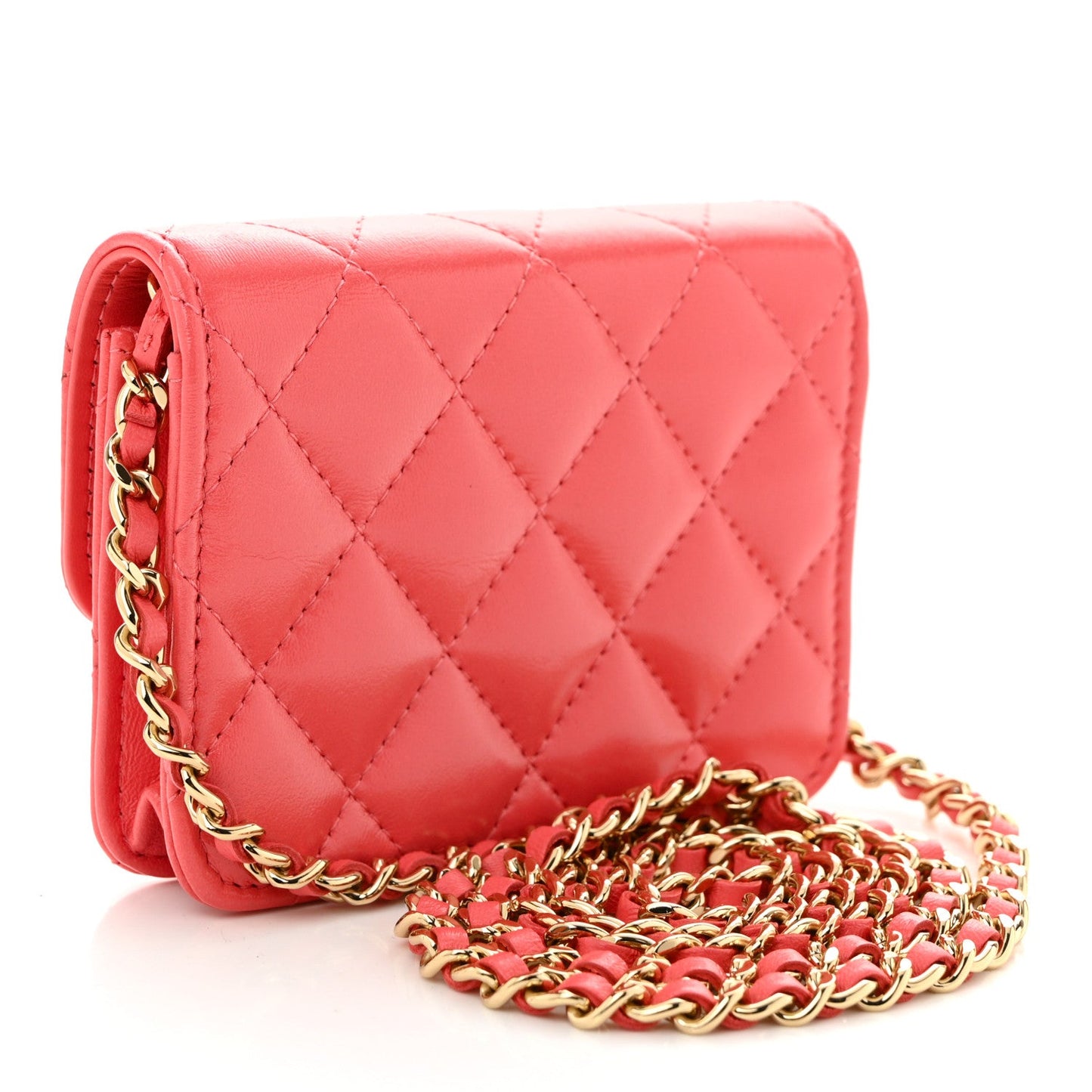 Shiny Lambskin Quilted Card Holder On Chain Pink
