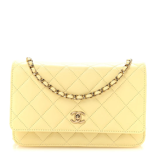 Caviar Quilted CC Turn Lock Wallet On Chain WOC Light Yellow
